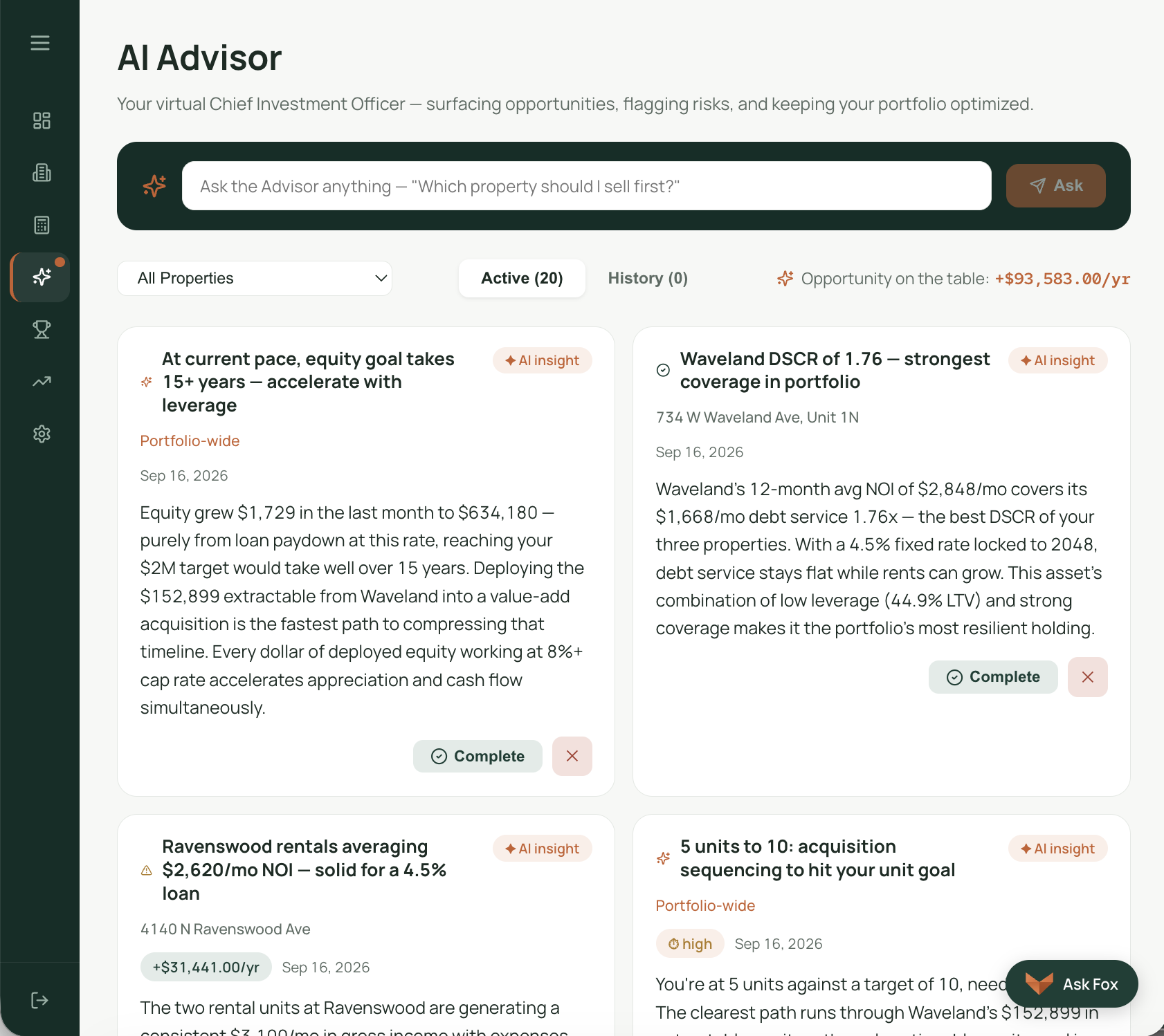 Fox AssetPro AI Advisor showing portfolio insights and recommendations