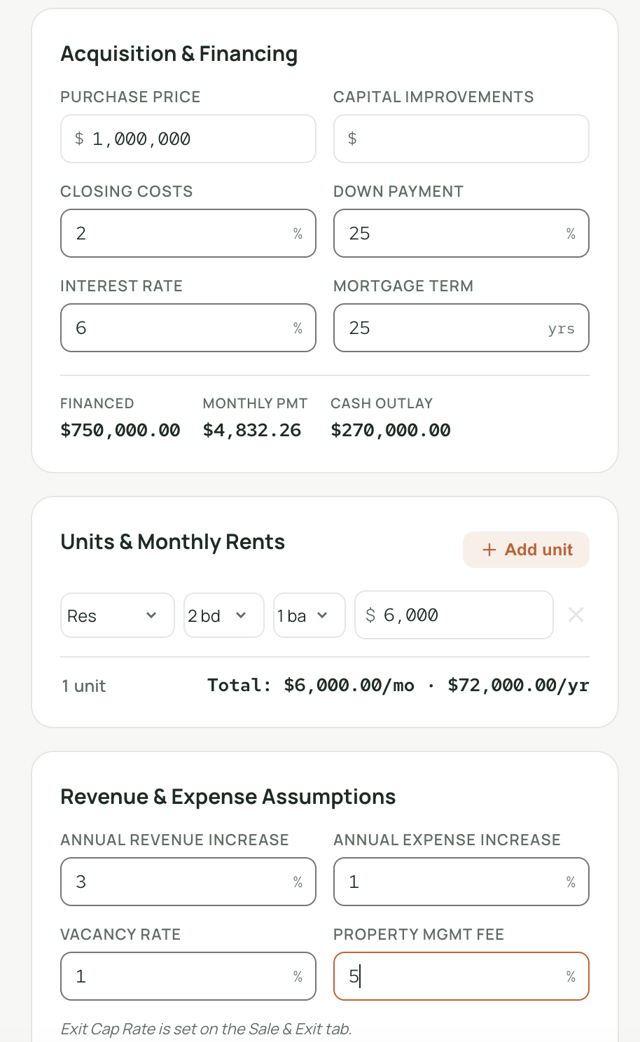 Fox AssetPro deal analysis results showing NOI, cap rate, cash flow and IRR